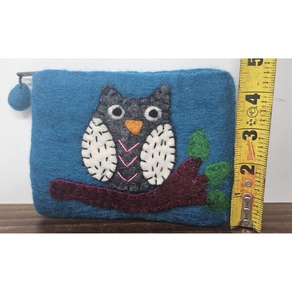 Felted Wool Owl On Branch Zippered Multicolor Coin Pouch Bag Nepal New 6"x4.5" - Picture 8 of 8
